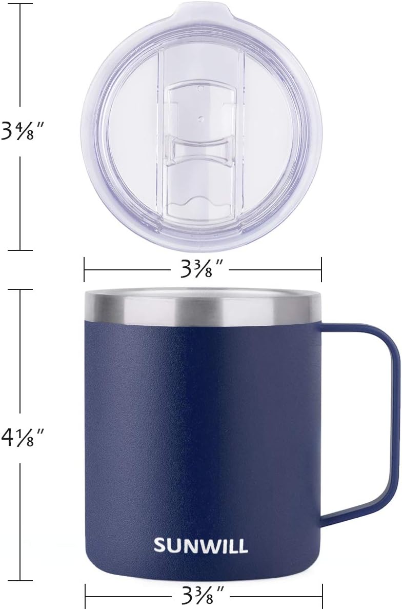 SUNWILL Travel Coffee Mugs Set of 4, Insulated Tumbler with Lid, 14oz Stainless Steel Cup with Handle Bulk for Gift, Camping, Office, Powder Coated Navy Blue