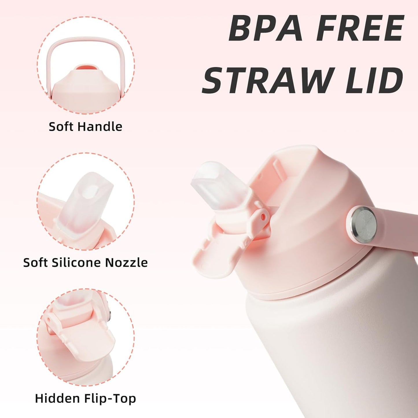 BJPKPK Water Bottle with Straw Lid, 24oz Vacuum Insulated Water Bottles, Metal Stainless Steel Thermos for Sports, Travel, BPA Free Leak Proof Thermos, Cups, Flasks, Tumblers,Pearl Pink