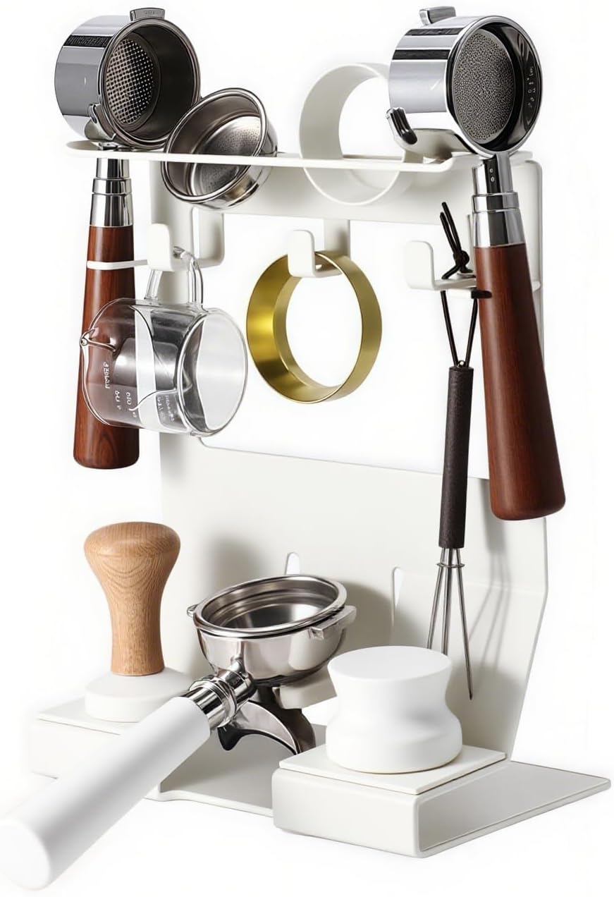 GIB Espresso Accessories Organizer Rack Tamper Holder Station, Heavy Duty Steel Stand for Coffee Distributor 51-54mm Portafilter Storage for Bar Home Office, White