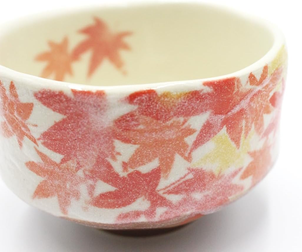 Japanese Traditional Mino Ware Handcrafted Mini Matcha Chawan Tea Bowl Cup Set With Chasen Bamboo Tea Whisk Ceremony Tableware Pottery (Shino Momiji)