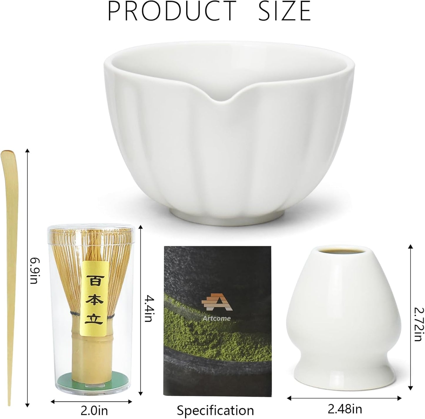 Artcome 4 Pcs Japanese Matcha Tea Set - Matcha Bowl with Pouring Spout, Matcha Whisk, Tea Scoop, Whisk Holder, Handmade Matcha Ceremony Kit For Japanese Tea Ceremony, Ivory