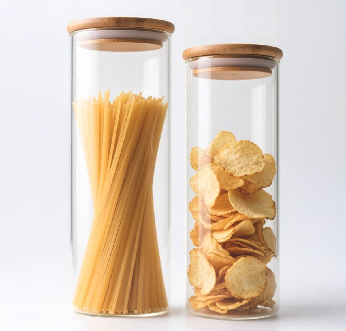 66 oz Glass Food Storage Jars with Airtight Lids, Tall Clear Glass Jar with Bamboo Lid, Airtight Food Canister for Pasta, Candy, Coffee, Sugar, Cookie, Snack. (Round | 10+11 Inch)