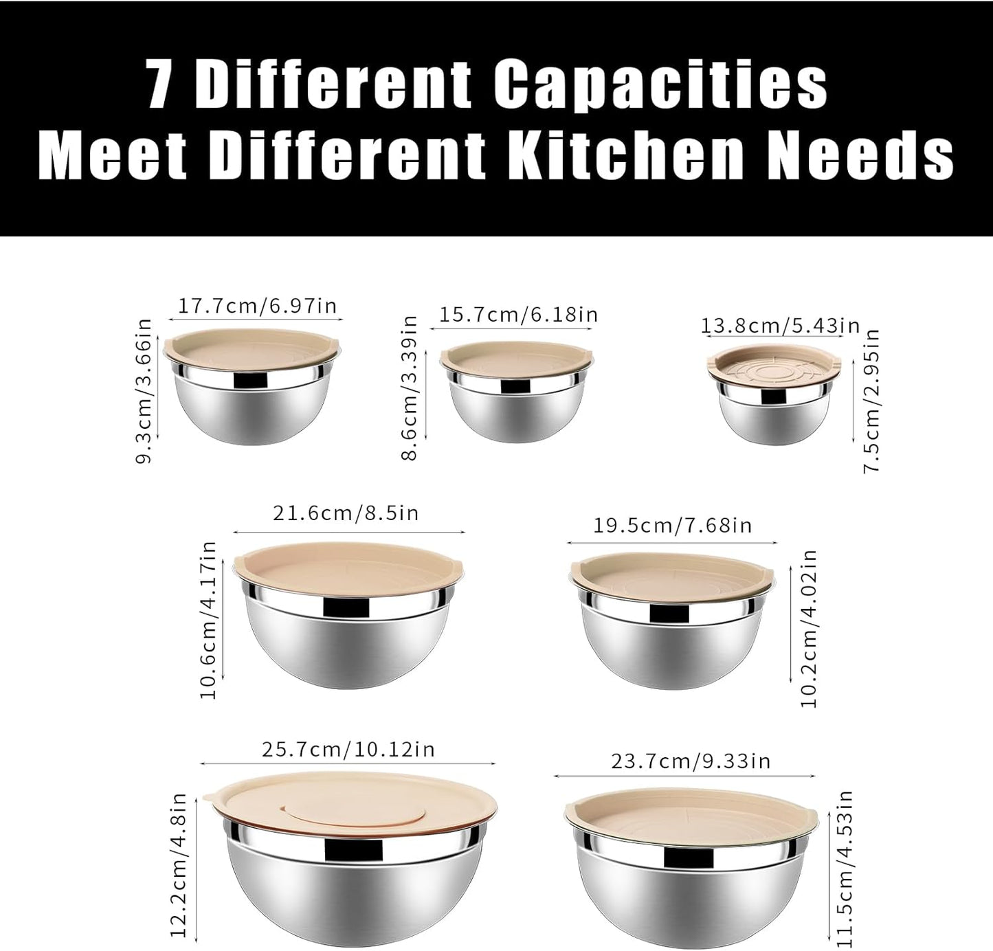 Lazycorner Stainless Steel Mixing Bowls with Airtight Lids Set of 7 Stainless Steel Bowls Set with 3 Grater Attachments Great for Serving & Baking