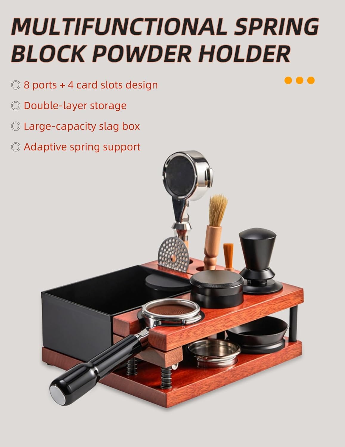 Espresso Tamping Station, Wood Knock Box with Self Leveling Spring Magnetic 51 to 58mm Portafilter Fit Tool Dock for Home Baristas, Coffee Shops