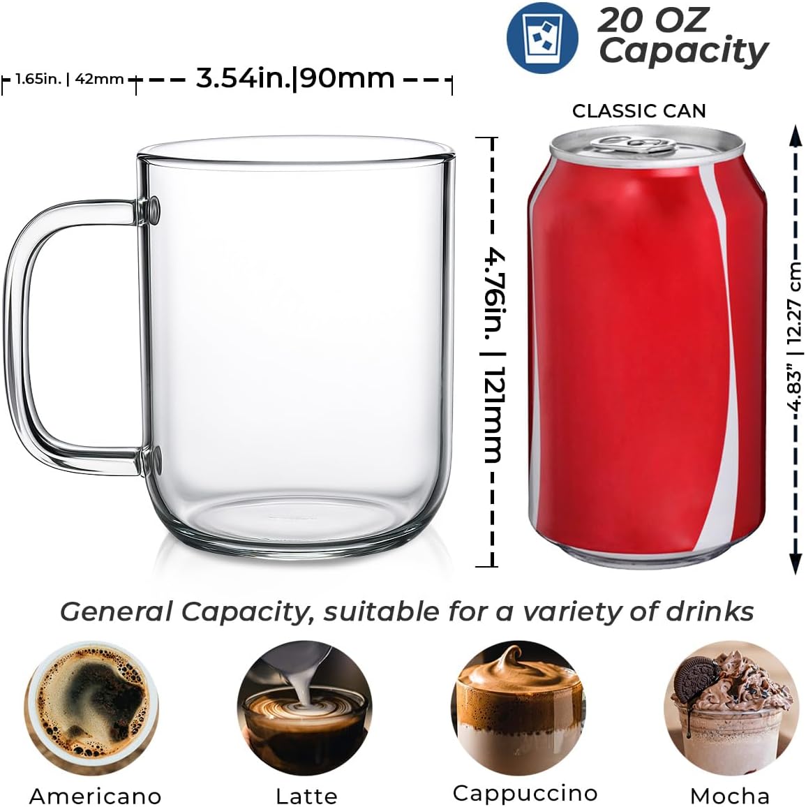 Aquach Glass Mugs 20 oz Set of 2, Extra Large Clear Glass Cup with Handle for Hot/Cold Coffee Tea Beverage, Drinking Glasses