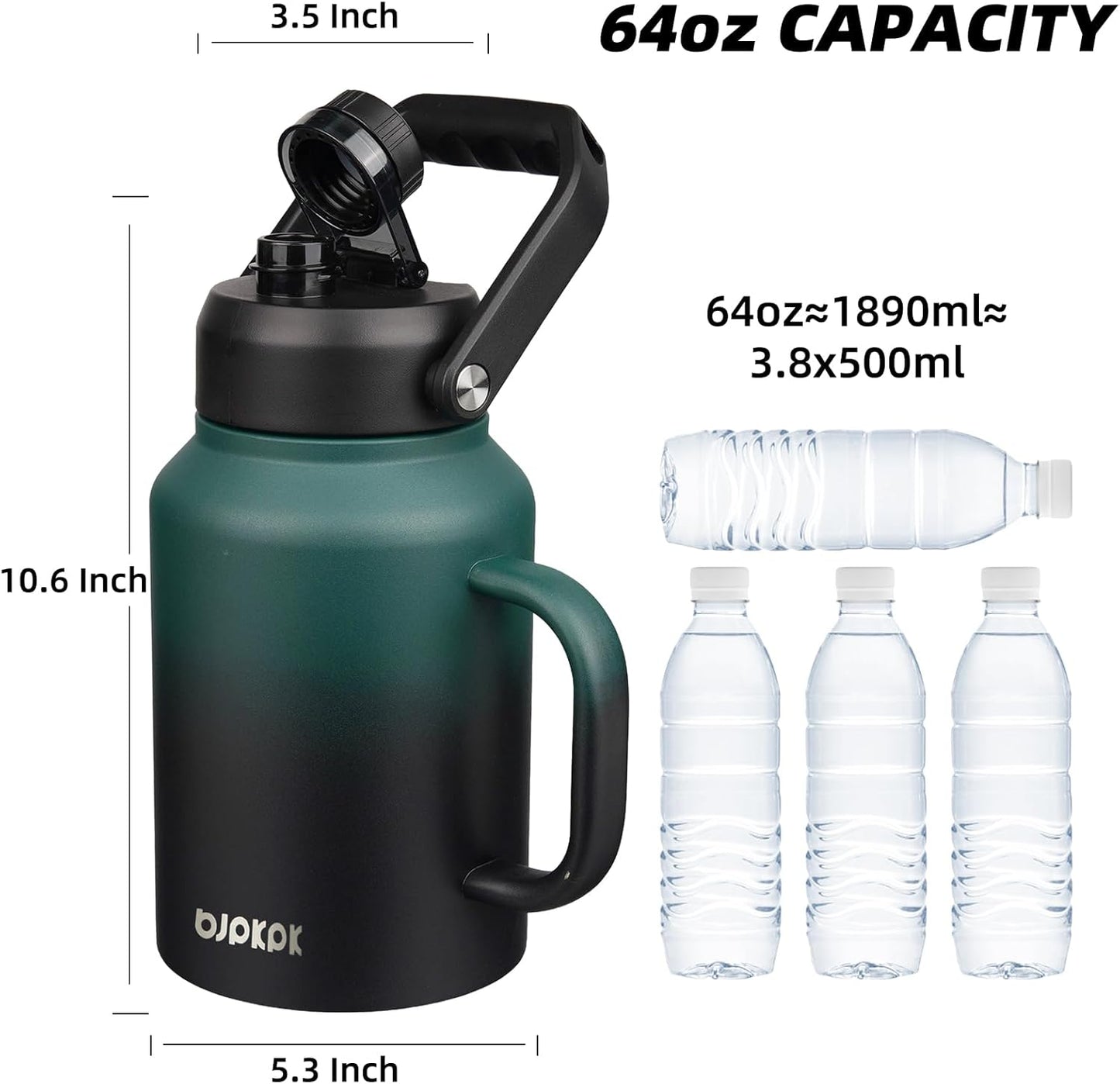 BJPKPK 64oz Insulated Water Bottle with Handle, Large Dishwasher Safe Half Gallon Water Bottle, BPA Free Water Jug, Wide Mouth Metal Water Bottle with Anti-slip Bottom, Army Green & Black