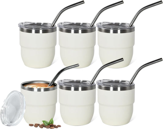 4oz Stackable Cup, Vacuum Insulated Espresso Cup Set of 6, Espresso Shot Glass for Coffee, Double Wall Stainless Steel Mini Tumbler Shot Glasses with Straw and Lid (A-white6P, 4oz)