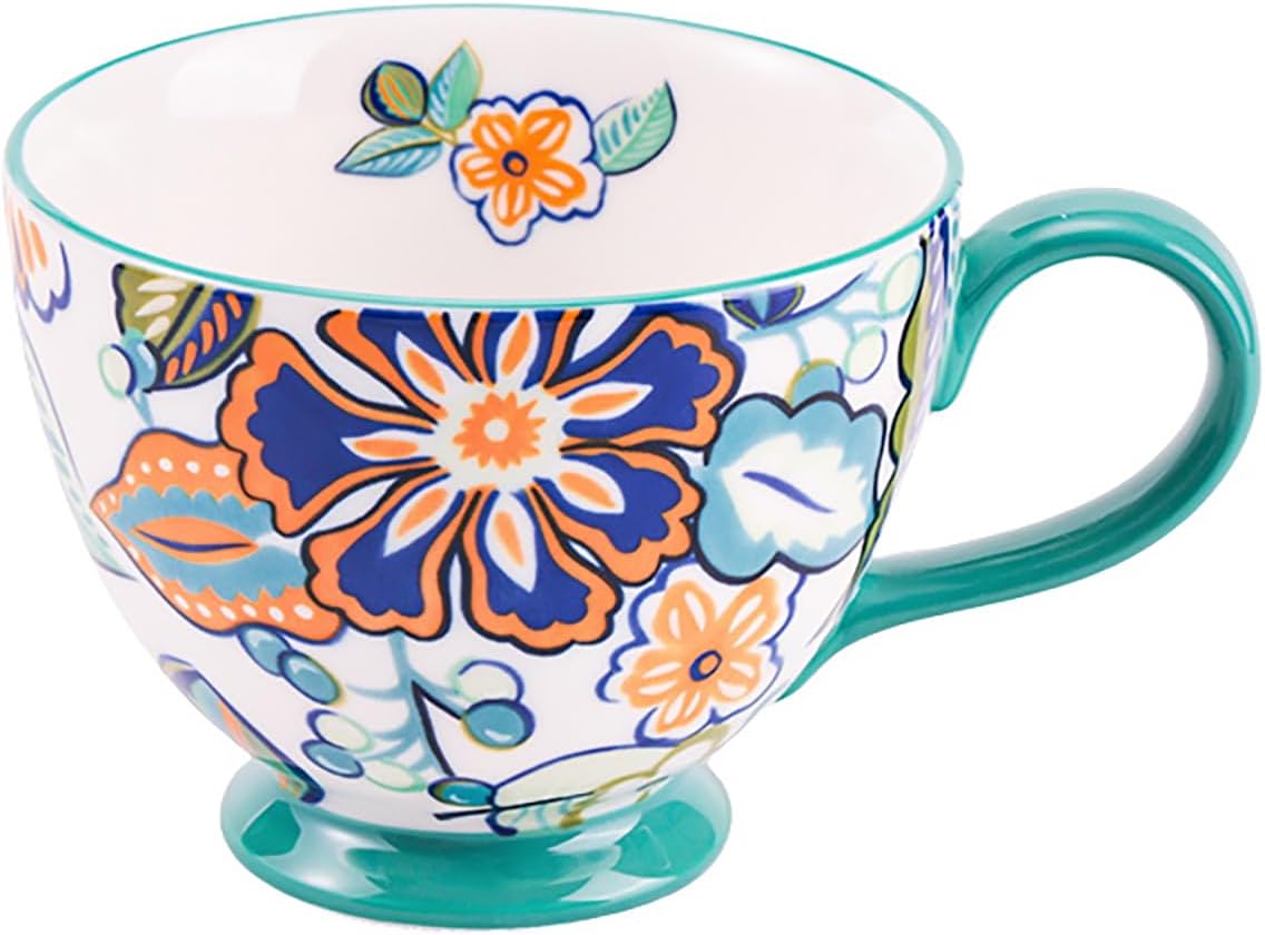 Vintage Flower Mugs – Large Ceramic Coffee Mug (15oz) – Cute Cereal Cup for Breakfast, Oatmeal Tea & Hot Drinks – Handmade Ceramic Cup with Floral Design