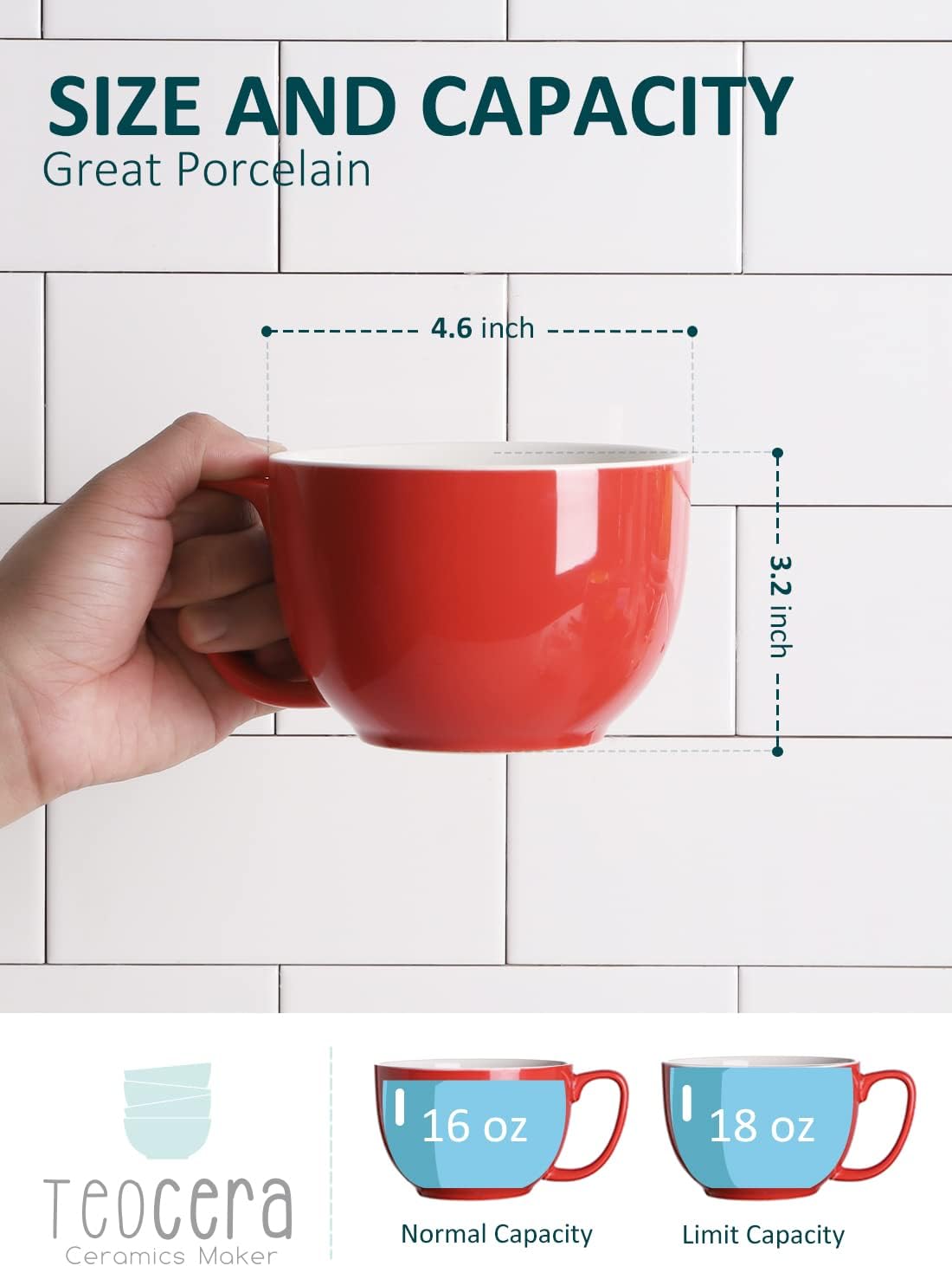 Teocera 16oz Large Coffee Mugs Set of 4 - Thick White Porcelain Cups for Cappuccino, Latte, Tea & Hot Chocolate - Dishwasher Safe Ceramic with Comfort Grip Handles (Red)