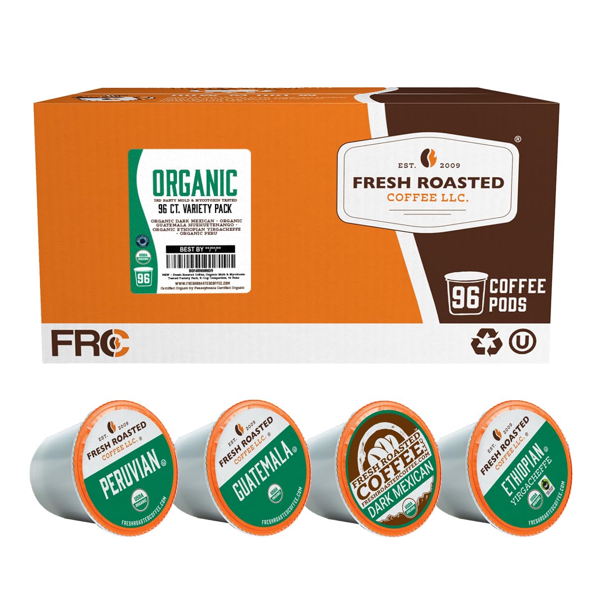 Fresh Roasted Coffee, Organic Mold & Mycotoxin 3rd Party Tested Variety Pack | USDA Organic, Kosher | K-Cup Compatible, 96 Pods