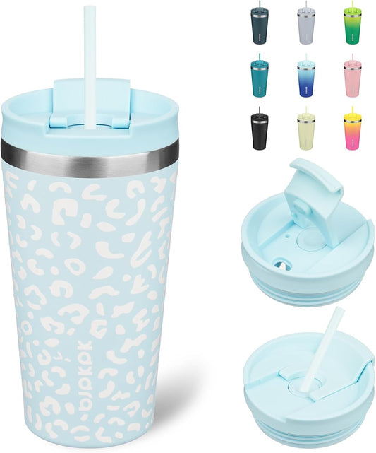 BJPKPK 18oz Tumbler With lid And Straw Stainless Steel Travel Coffee Mug Insulated Tumblers Cups,Light Blue Leopard