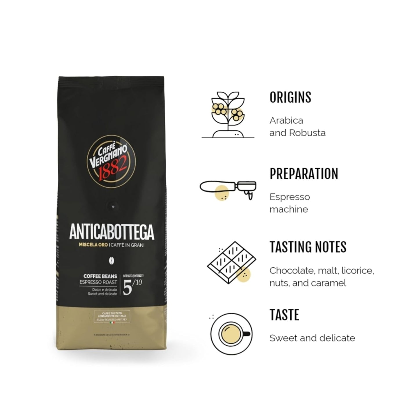 Caffe Vergnano 1882 Antica Bottega Whole Bean Arabica Medium Roast Espresso, 1.1 lbs Bag - Italian Coffee Beans with notes of Chocolate, Nuts & Caramel, Intensity 5/10-500g Bag