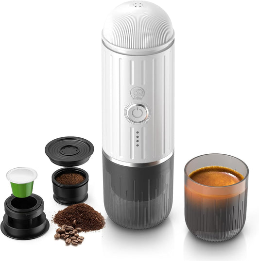 Portable Electric Espresso Coffee Maker, Fast self-heating 2 IN 1 Extraction System Espresso Machine, Support Ground Coffee and NS capsule, for Travel,Car,Hiking,Climbing,Rich Crema（White）