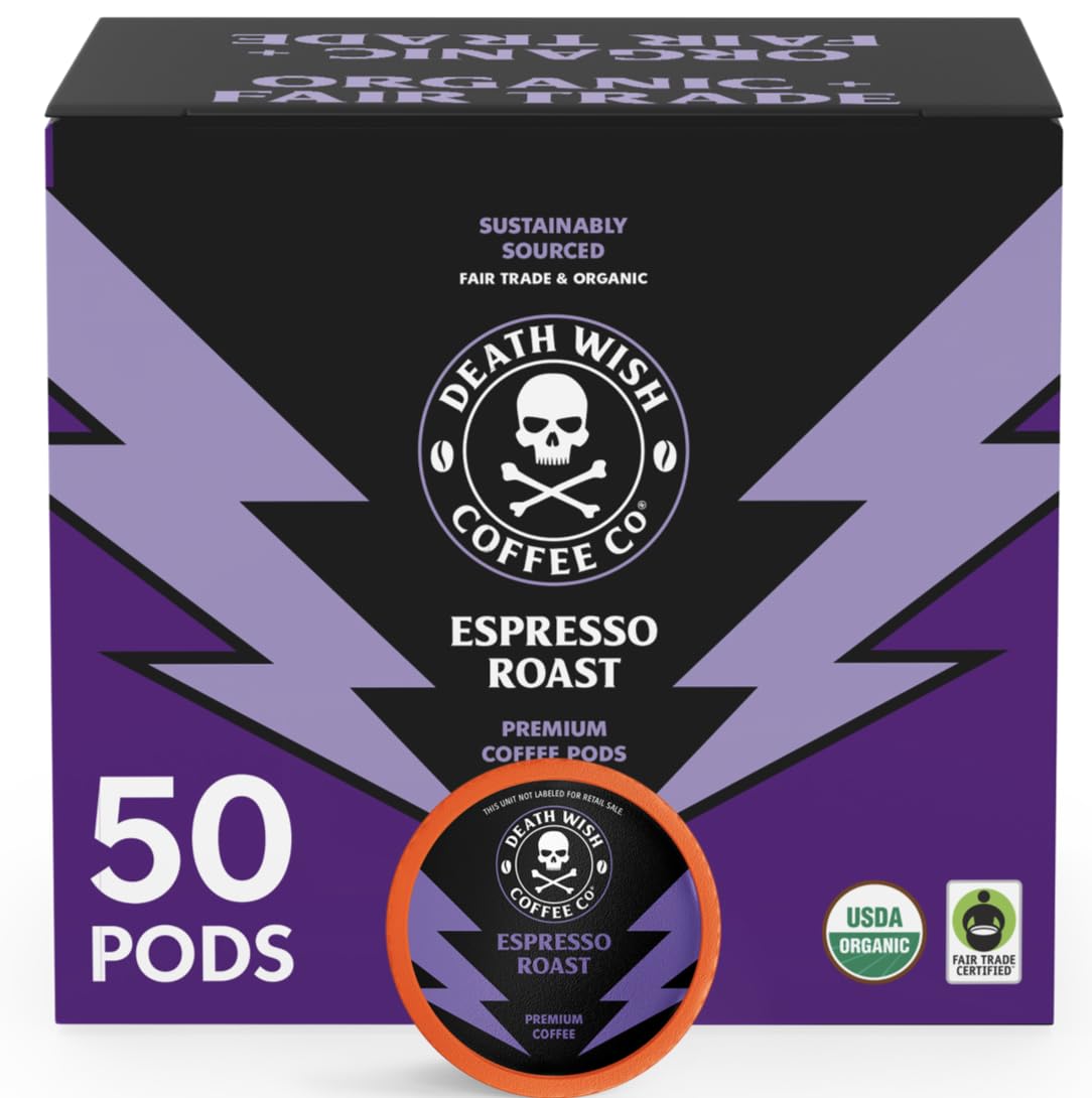 Death Wish Coffee, Espresso Roast Single Serve Coffee Pods - Fair Trade and Organic (50 Count)