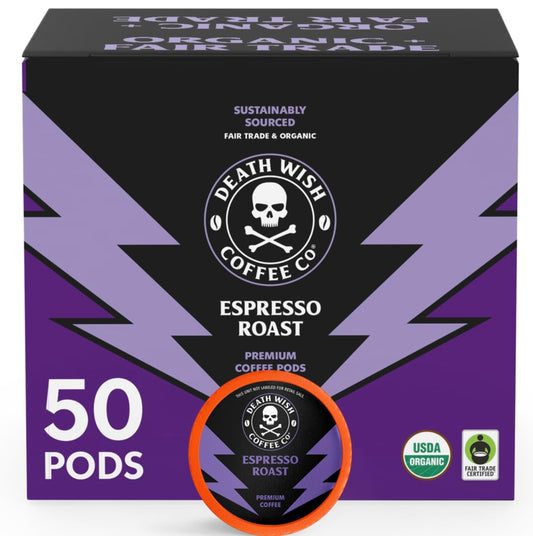 Death Wish Coffee, Espresso Roast Single Serve Coffee Pods - Fair Trade and Organic (50 Count)