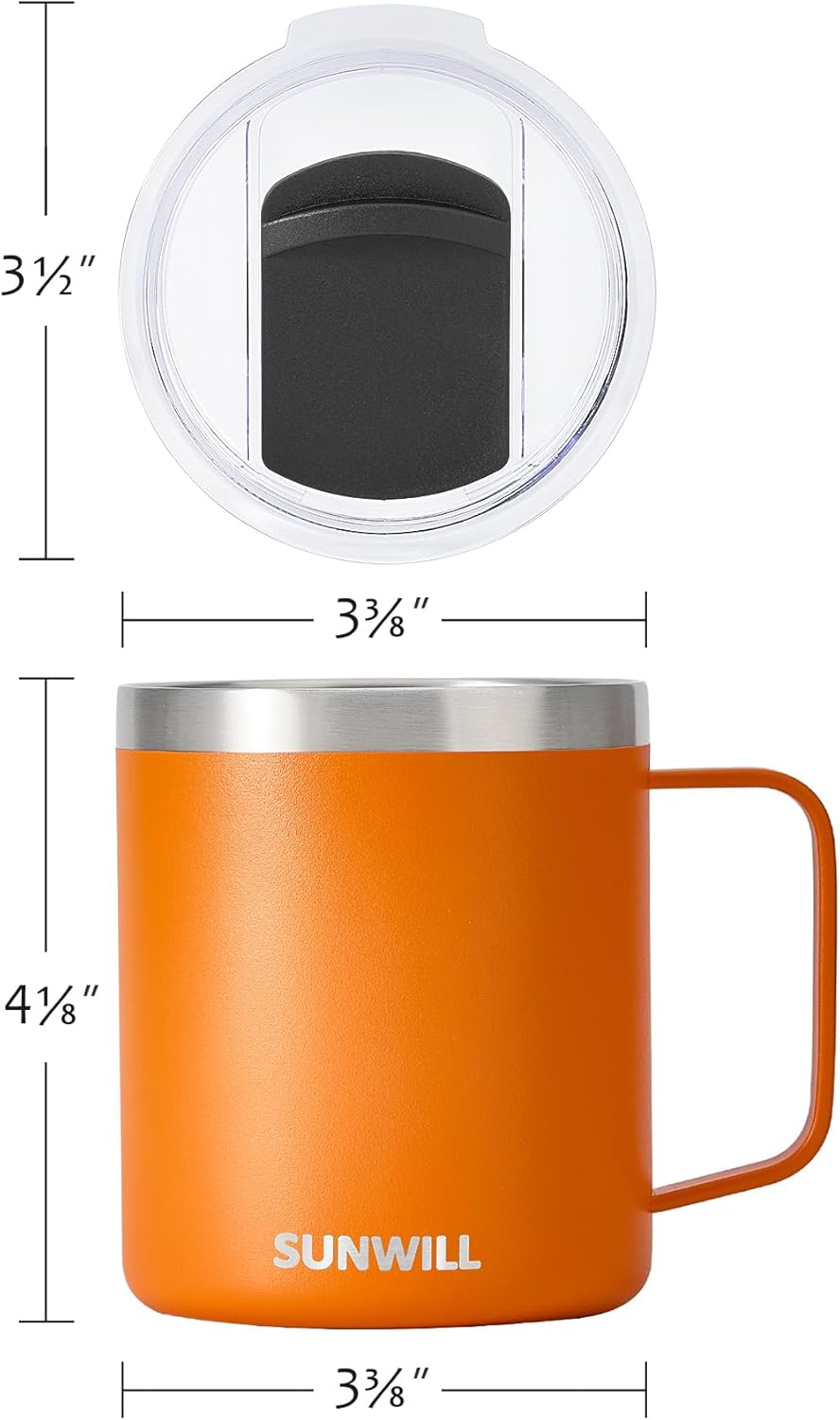 SUNWILL Insulated Coffee Mug with Lid, Travel Tumbler with Handle, 14 oz Stainless Steel Cup for Camping, Office, Home, Powder Coated Orange