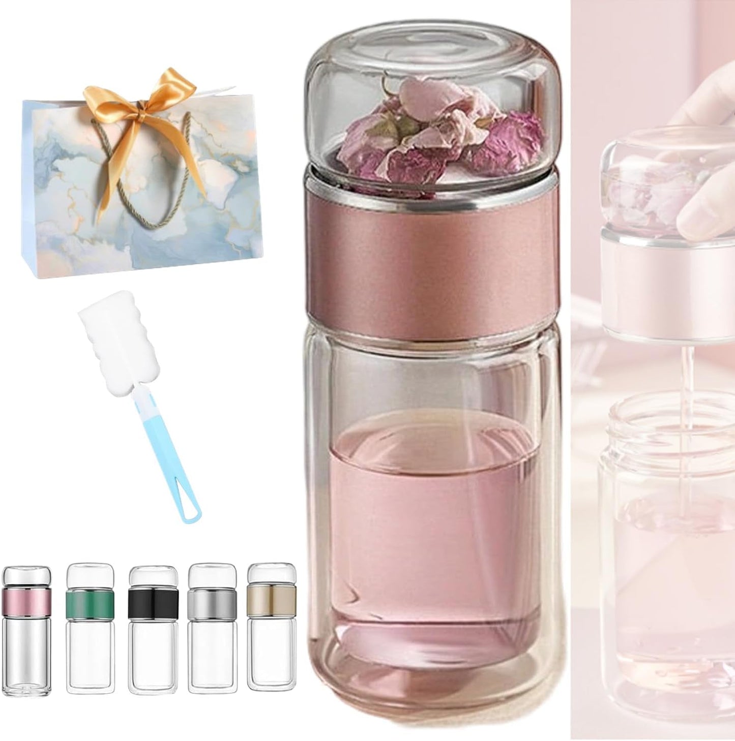 Tryteava Glass Infuser, Tryteava 3-in-1 Smart Tea Infuser, Portable Glass Double Wall Tea Infusers Bottle, with Stainless Steel Filter, Hot & Cold Brew, For Loose Leaf, Office Home (Pink, 350ml)