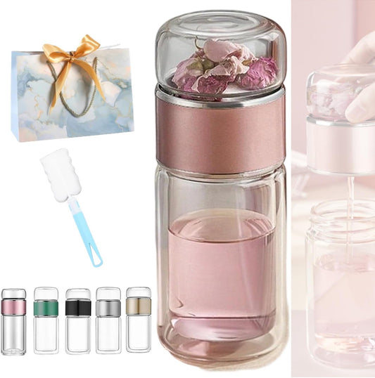 Tryteava Glass Infuser, Tryteava 3-in-1 Smart Tea Infuser, Portable Glass Double Wall Tea Infusers Bottle, with Stainless Steel Filter, Hot & Cold Brew, For Loose Leaf, Office Home (Pink, 350ml)