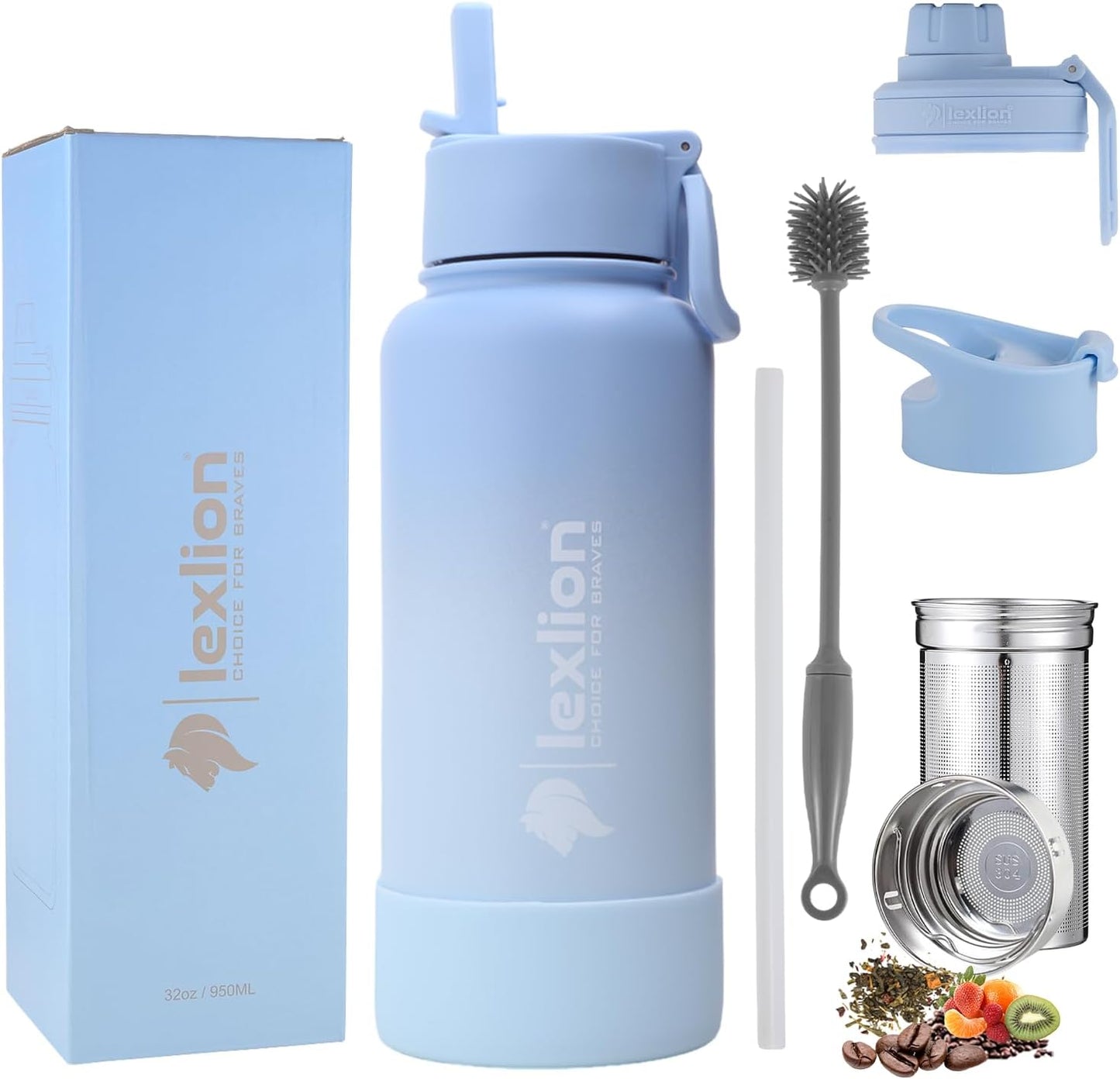 Lexlion 32 Oz Triple Walled Insulated Stainless Steel Fruit Infuser Bottle - Tea Infuser Water Bottle with 3 Lids, Silicone Sleeve, Leakproof, Metal Mug Gallon