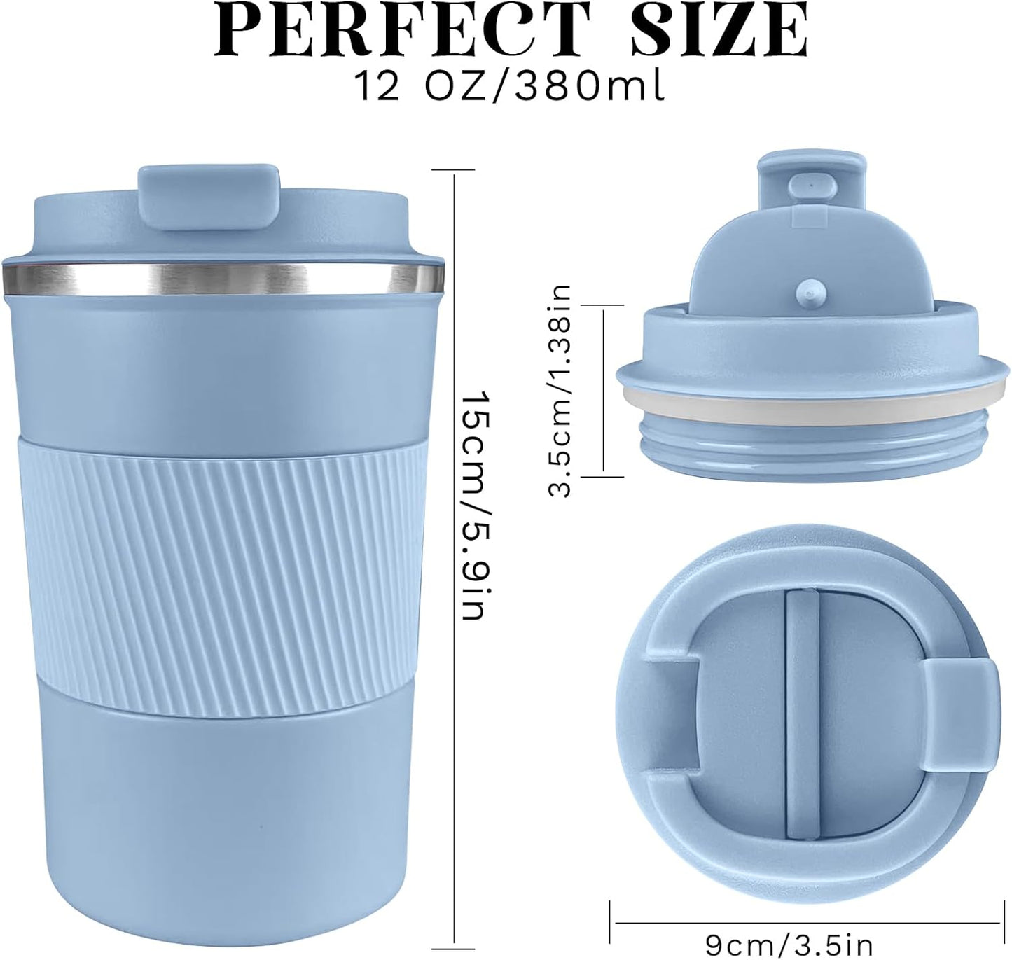 YINBAOGE Insulated Travel Coffee Mug Spill Proof Leak Proof Pobtable To Go Camping Stainless Steel Coffee Tumbler Reusable Coffee Cups with Lids Thermos for Hot and Cold Drink (Light blue, 12 OZ)