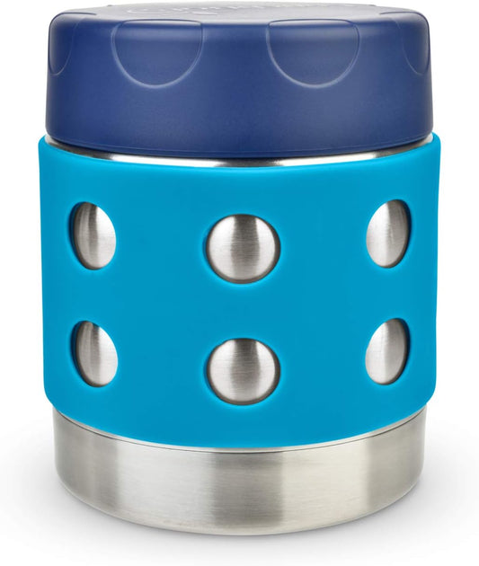 LunchBots Thermal 8 oz Triple Insulated Thermos - Hot 6 Hours or Cold 12 Hours - Leak Proof Thermos Soup Jar - All Stainless Interior - Navy Lid - Aqua Dots