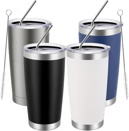 MEWAY 20oz Tumbler 4 Pack Double Wall Vacuum Insulated Travel Mug Bulk, Mix Color Stainless Steel Tumblers with Lid and Straw, Durable Powder Coated Coffee Cups for Cold & Hot Drinks（Mix Color, 4