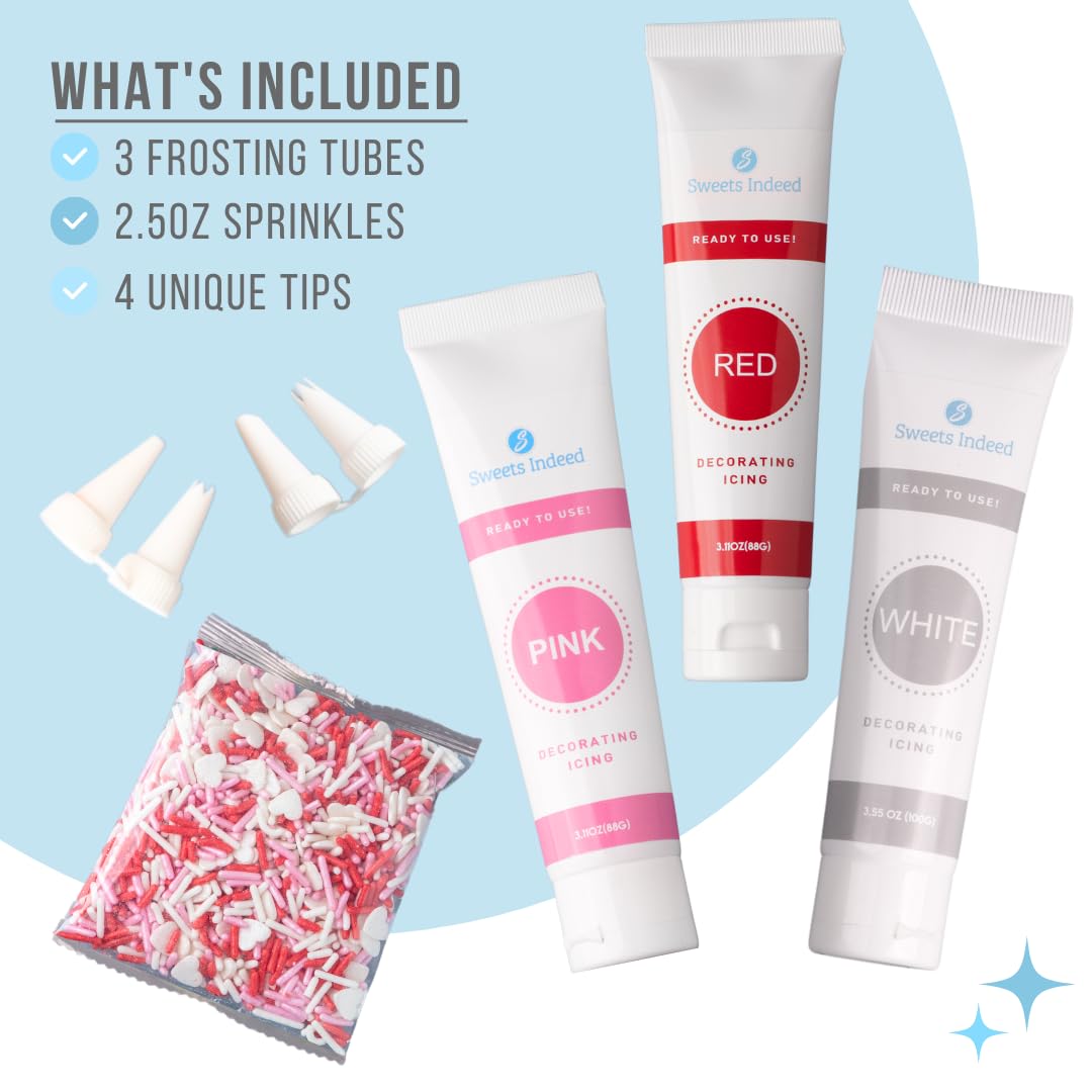 Sweets Indeed Frosting Kit plus Sprinkles Frosting Tubes nozzles 11.71 ounces Perfect for baking and cookie decoarting (Sweetheart)