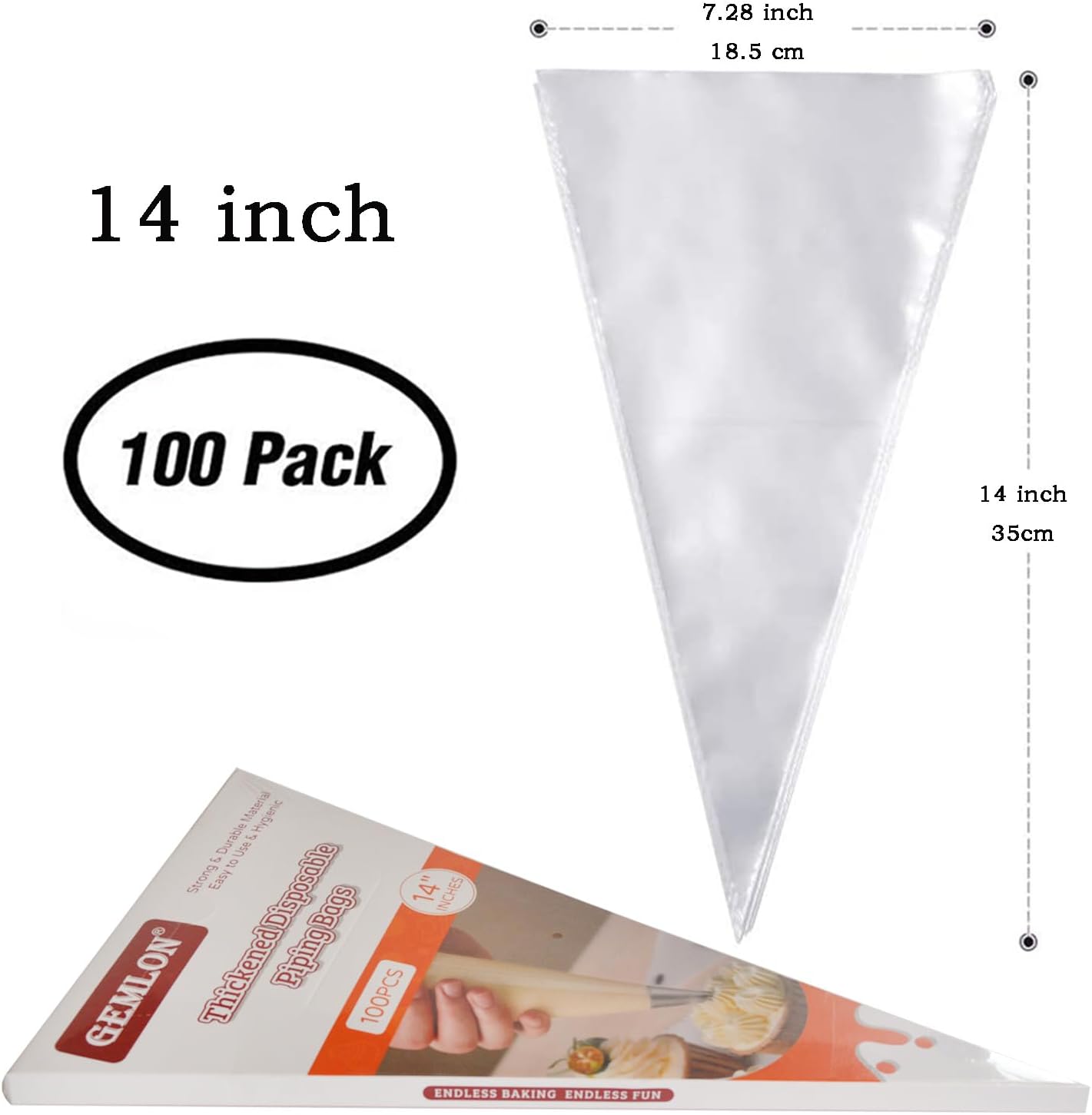 GEMLON 14 Inch Disposable Piping Bags 100 Pack – Anti-Burst Durable Plastic Pastry Bags, Clear Royal Icing Piping Bags for Cookie, Frosting, Cupcakes & Chocolate, Cake Decorating Supplies Baking Tools