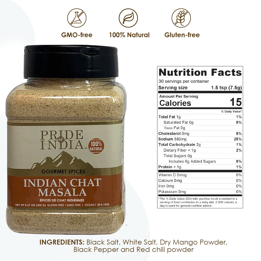 Pride of India - PACK of 6 - Indian Chat Masala Seasoning Spice – For Savory Dishes -Perfect Seasoning for Drinks/Salads/Fruits -Preservatives Free-Easy to Store – 8oz. Medium Dual Sifter Jar
