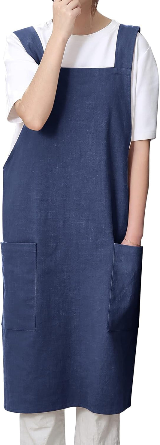 Soft Cotton Linen Apron for Women - Non-tie Cross Back Apron with Pockets, Great for Florist and Kitchen