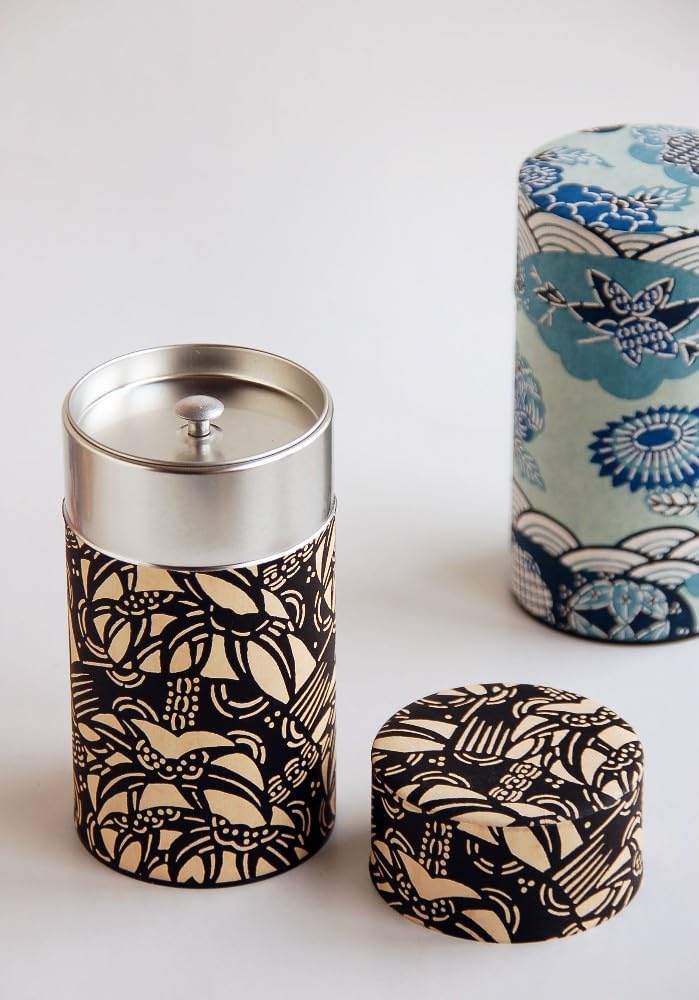 Japanese Pokkan Coffee Spice Tea Tin Canister Washi Paper Storage with Lid 7.05 oz Capacity (Kenran Hana)