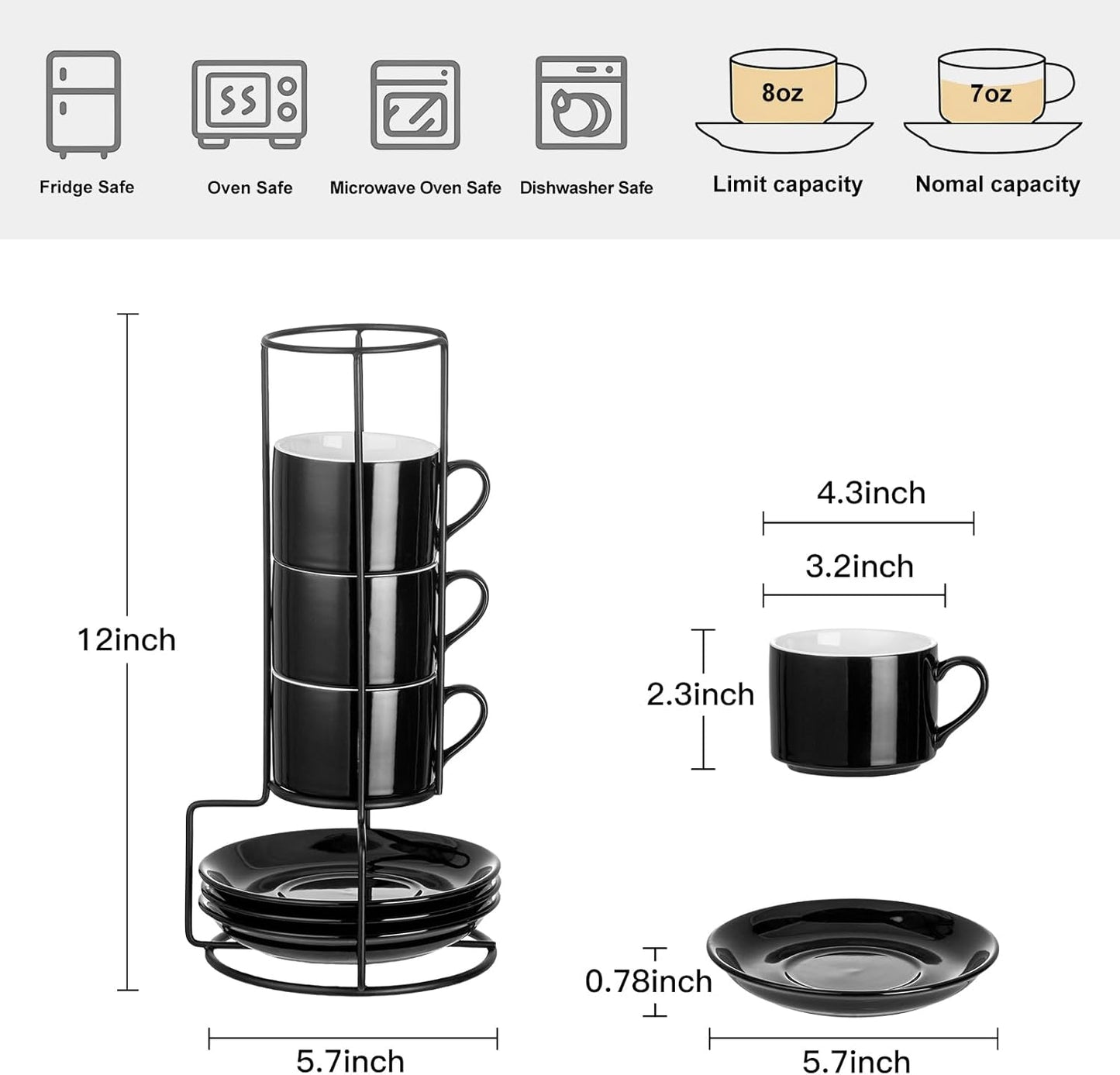 8oz Porcelain Stackable Cappuccino Cups with Saucers and Metal Stand Set of 4, Coffee Cups for Espresso, Specialty Coffee Drinks, Latte, Americano and Tea - Black