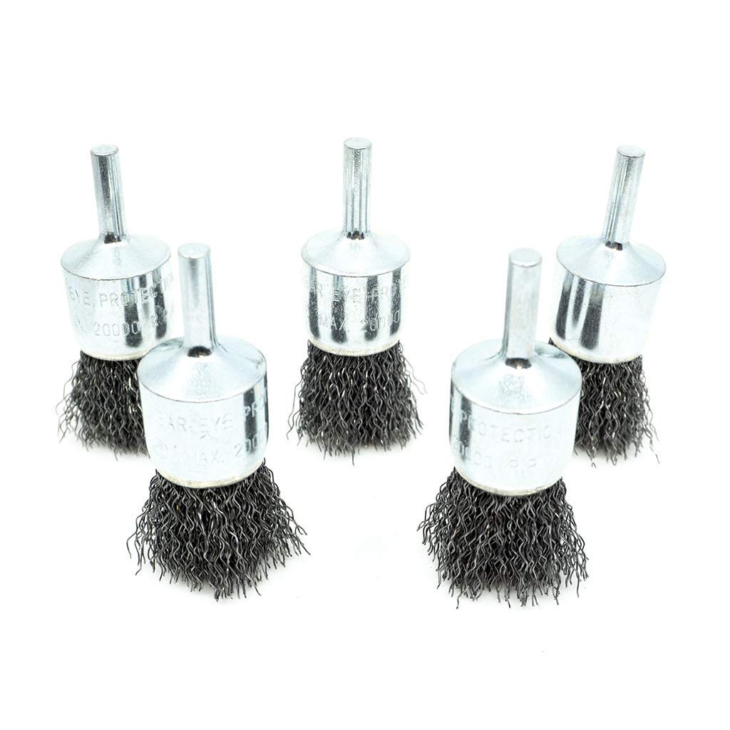 Benchmark Abrasives 1" Crimped Wire End Brush Die Grinder for Cleaning deburring on Cast Iron, Steel, Titanium, Nickel, 1/4" Shank for Rotary Tools (5 Pack) - Carbon Steel