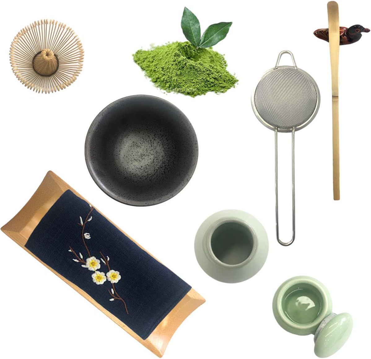 Artcome Traditional Japanese Matcha Tea Set, Matcha Whisk, Traditional Scoop, Matcha Bowl & Caddy, Ceramic Whisk Holder, Handmade Matcha Ceremony Kit (9Pcs)