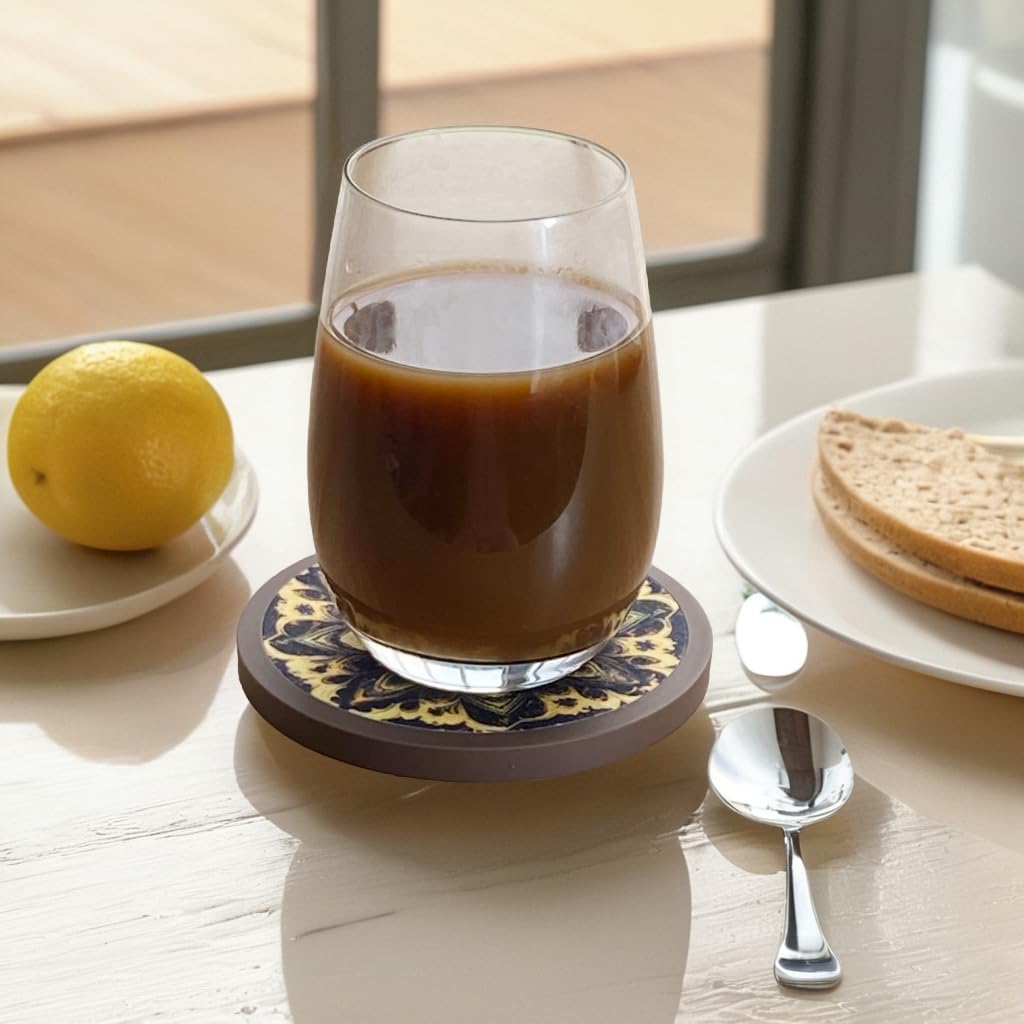 Absorbent Coasters for Drinks with Holder - 6packs, Silicone Coaster with Soft Felt Insert (4.3 inch Coasters with 4.5 inch Holder, Dual-Sided Mandala -Themed Patterns)