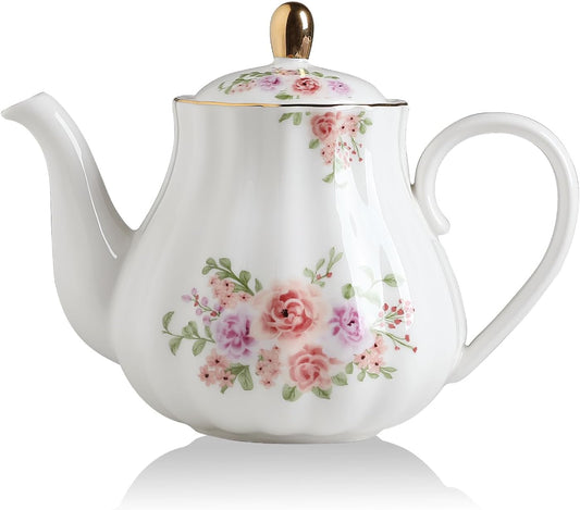 Sweejar Royal Teapot, Ceramic Tea Pot with Removable Stainless Steel Infuser, Blooming & Loose Leaf Teapot (Rose Flower, 40 Ounce)
