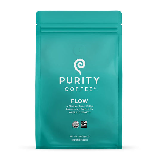 Purity Coffee FLOW Original Medium Roast Ground Coffee for Focus and Clean Energy - USDA Organic and Third-Party Tested for Antioxidants, Mold, Mycotoxins and Pesticides - 12oz (Purity Flow, medium_roast) | Ground| FLOW