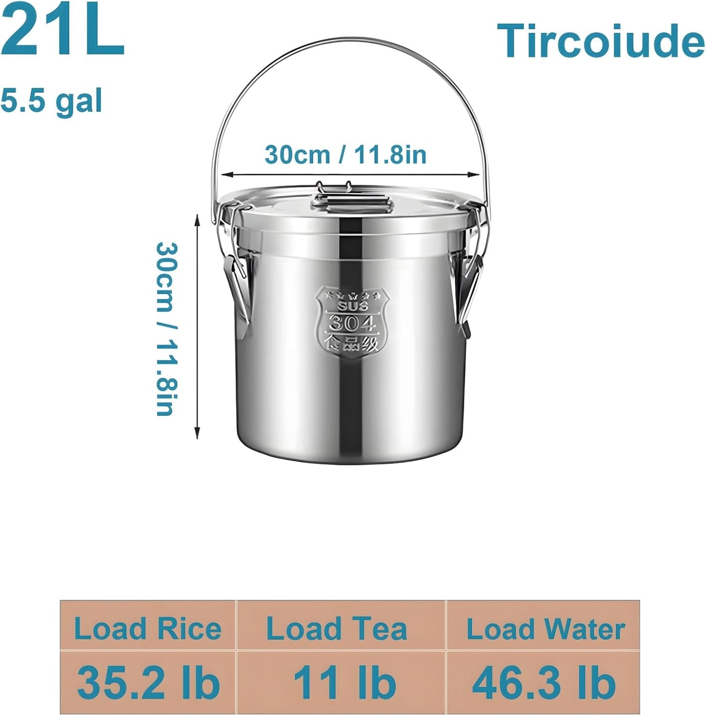 21L/5.5 Gal 304 Stainless Steel Airtight Canister for Kitchen, Metal Food Storage Containers with Lid and Sturdy Locking Clamp for Bean Flour Oil Sugar Metal Food Storage Bucket