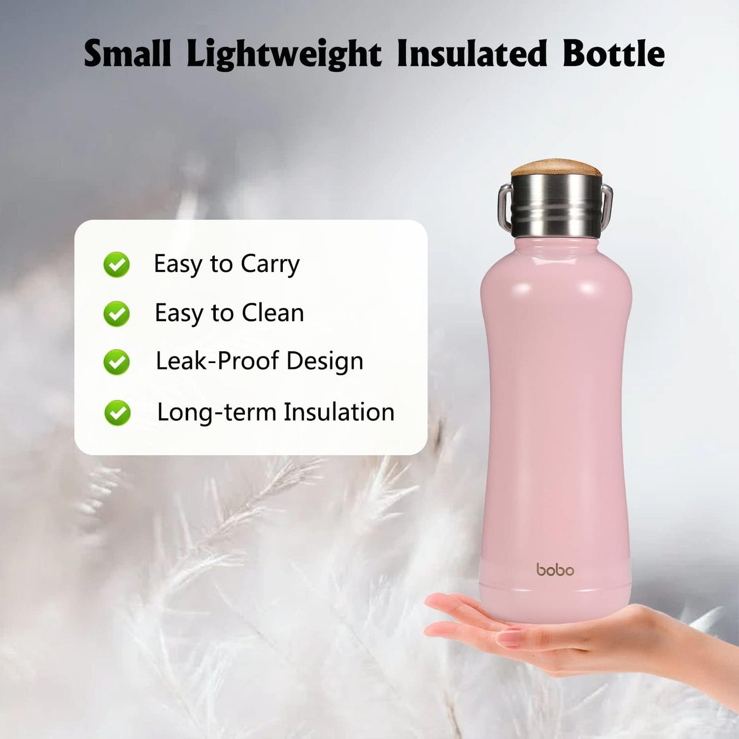 YOHKOH Mini Insulated Water Bottle With Bamboo Lid - 11.8oz Small Vacuum Insulated Water Bottle for Women Kids, 12 Hrs Hot & 24 Hrs Cold Stainless Steel Thermos Leak-Proof BPA-Free (11.8oz,Pink)