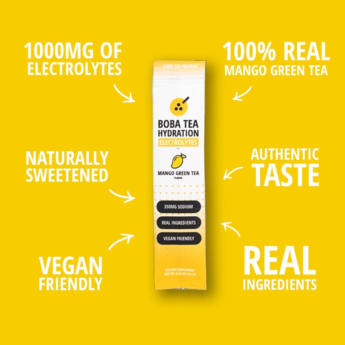 Boba Tea Hydration | Electrolyte Powder Drink Mix | Mango Green Tea | 1000mg Electrolytes, Vitamin C | 16 Stick Packets