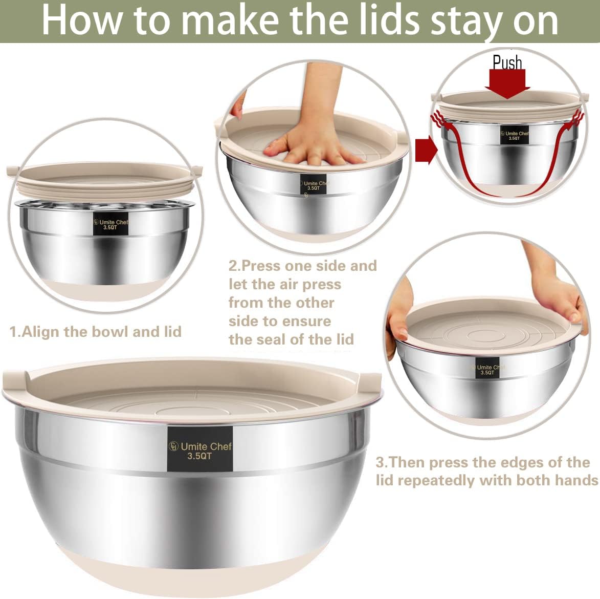 Umite Chef Mixing Bowls with Airtight Lids, 6 piece Stainless Steel Metal Nesting Storage Bowls, Non-Slip Bottoms Size 7, 3.5, 2.5, 2.0,1.5, 1QT, Great for Mixing & Serving (Khaki)