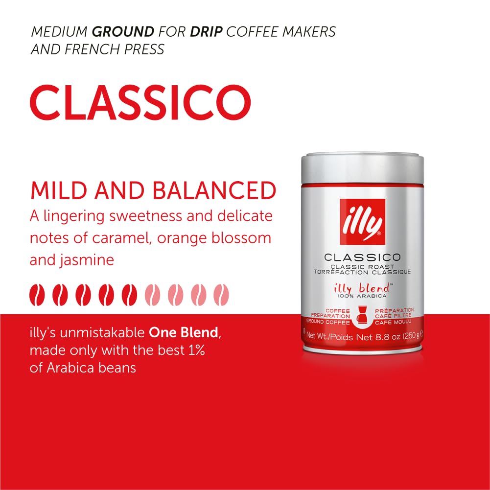 Illy Caffe Coffee - Ground Coffee - Medium Roast for Drip Coffeemakers - 8.8 oz - Case of 6
