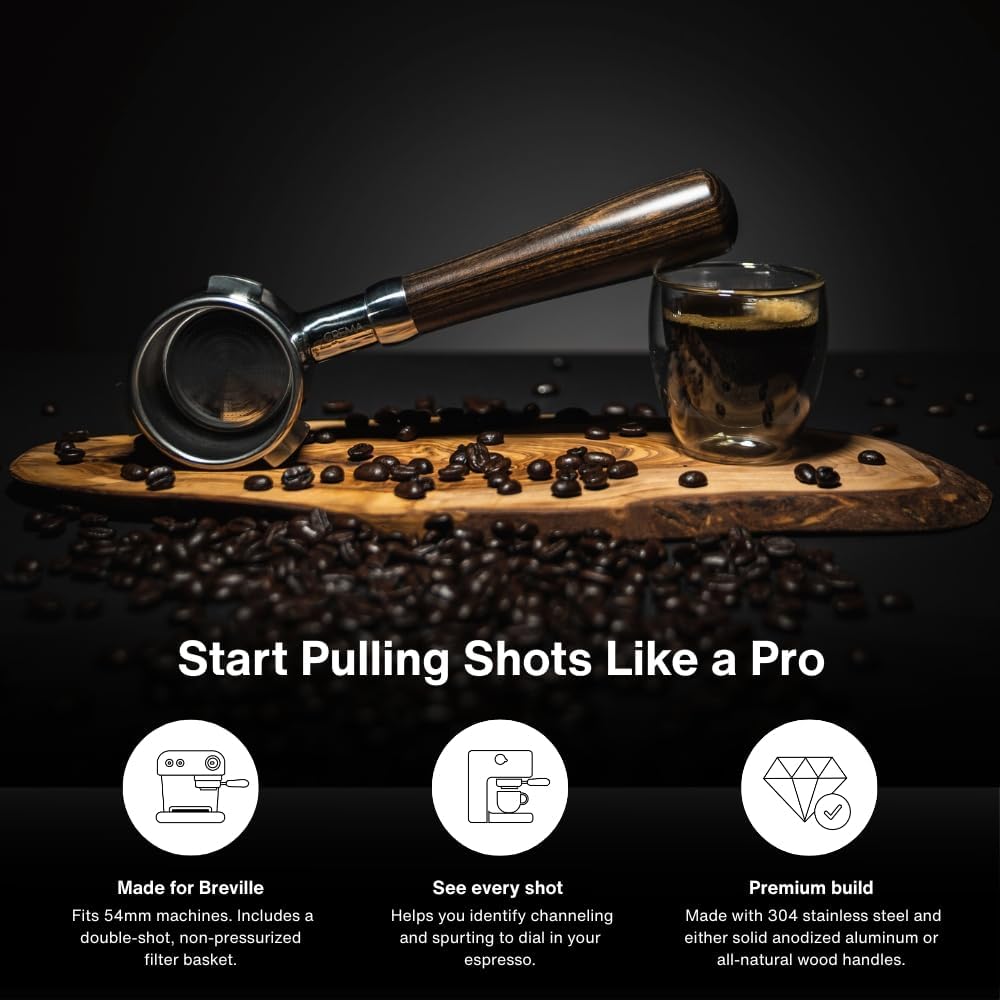 Crema Coffee Products 54mm Bottomless Naked Portafilter | Compatible with 54mm Breville Machines | Includes Double Shot Filter Basket | Olivewood