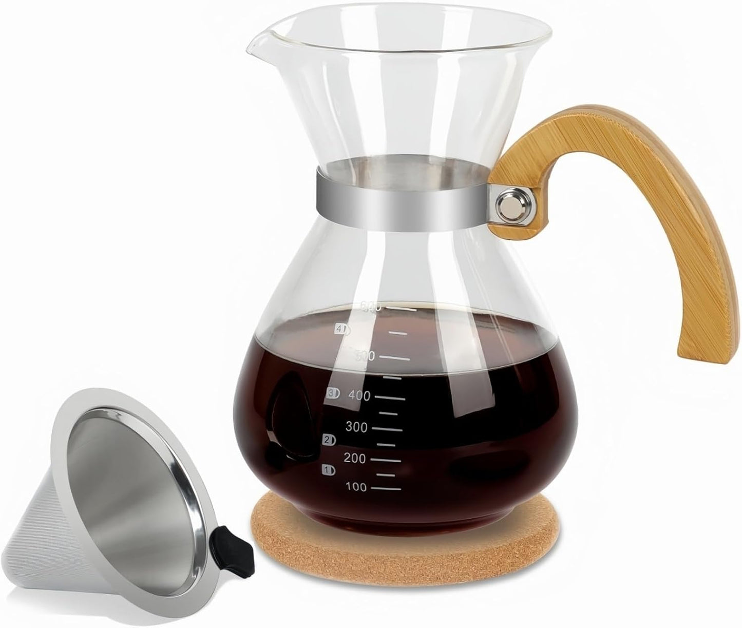 Pour Over Coffee Maker Set, with Double-Layer Stainless Filter and Wooden Handle, 20 oz 600ml Thickened Borosilicate Glass Pour Over Coffee Dripper for Home Café