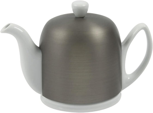 Salam Luxury French Tea Pot - Porcelain Teapot with Brushed Aluminum Cover, Ceramic Tea Kettle for Loose Tea, Removable Infuser, 6 Cup Capacity, 36oz - Aluminum