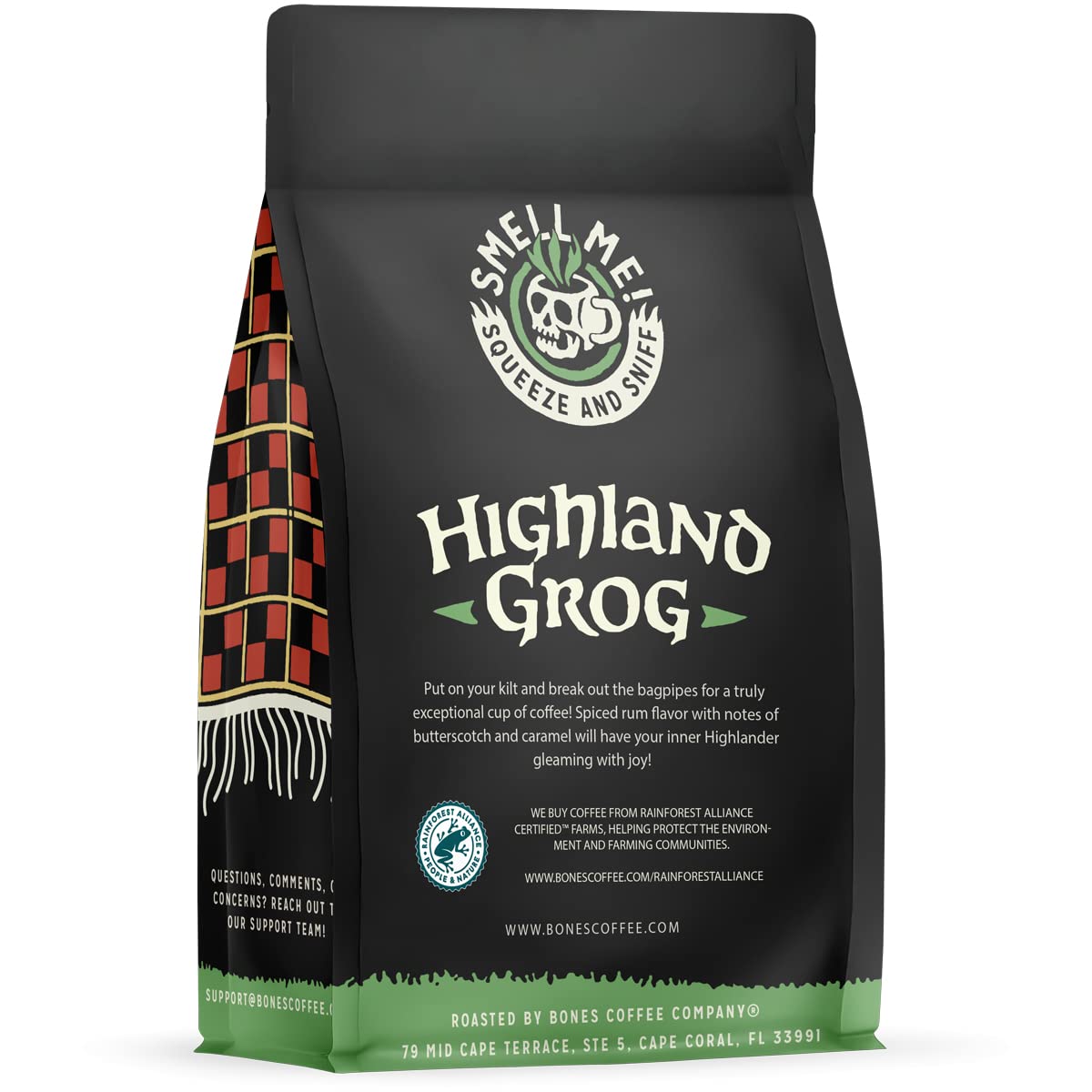 Bones Coffee Company Highland Grog, Butterscotch Caramel Flavored Coffee, Medium Roast Low Acid Arabica Beans Compatible with Auto drip and French Press Coffee Maker, 12 Oz Ground