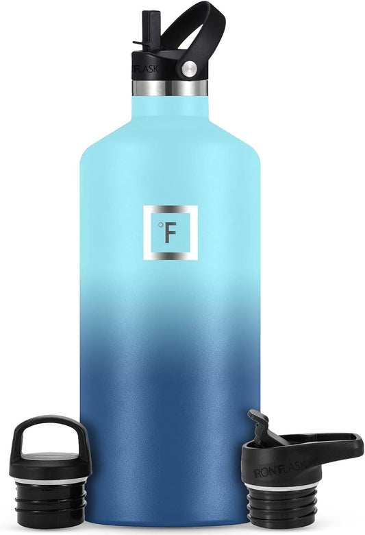 IRON °FLASK Camping & Hiking Hydration Canteens - 3 Lids (Narrow Straw Lid) Leak Proof Vacuum Insulated Stainless Steel - Hot & Cold Double Walled Sports Water Bottle - Blue Waves, 64 Oz