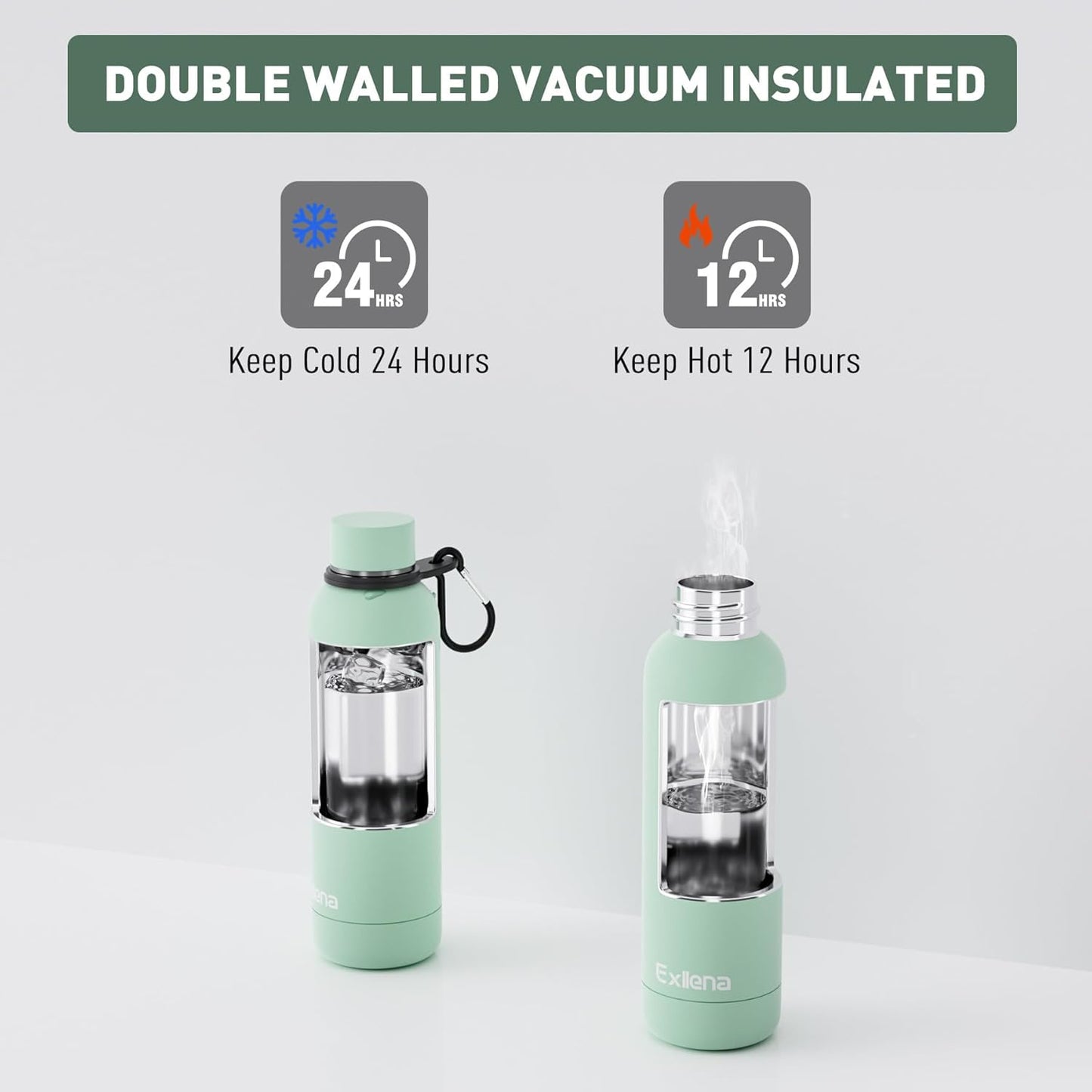 Slim Insulated Water Bottles for Travel 18oz with Clip, Double Wall Vacuum Stainless Steel Water Bottle Keeps Drinks Cold 24 Hrs/Hot 12 Hrs, 100% Leakproof, BPA Free(Mint)