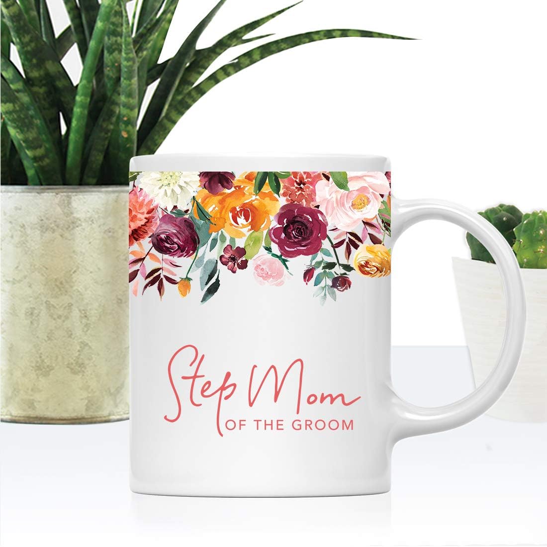 Andaz Press 11oz. Wedding Ceramic Coffee Tea Mug Gift, Fall Autumn Burgundy Orange Peach Flowers Roses Florals, Step Mom of the Groom, 1-Pack, Includes Gift Box