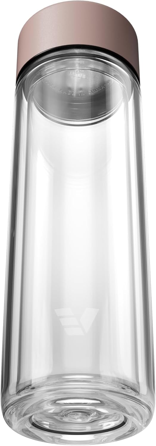 Glass Multi Tea Infuser Bottle 14oz - Double Wall Borosilicate Glass Flask | No Plastic Touches Contents | Perfect for Office or Home - Rose Pink